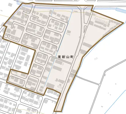 東新山町とその周辺の地図。町の範囲を重ねている