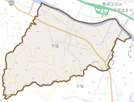 大字平塩とその周辺の地図。町の範囲を重ねている