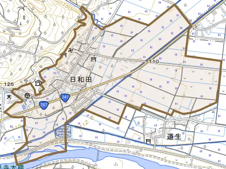 大字日和田とその周辺の地図。町の範囲を重ねている