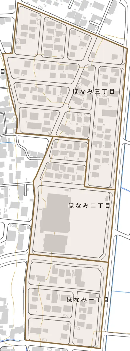 ほなみとその周辺の地図。町の範囲を重ねている