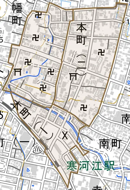 本町とその周辺の地図。町の範囲を重ねている