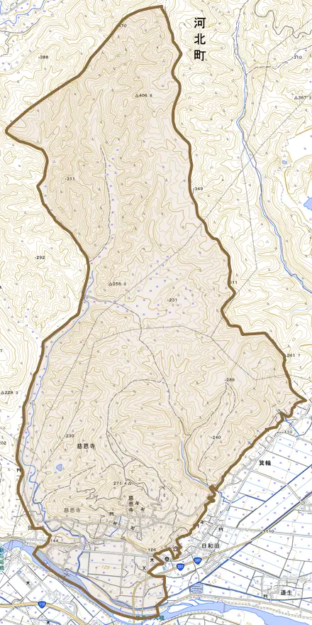 大字慈恩寺とその周辺の地図。町の範囲を重ねている