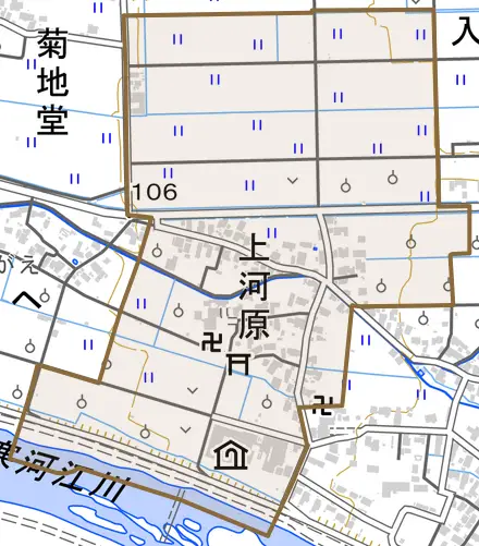 字上河原とその周辺の地図。町の範囲を重ねている