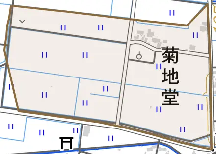 字菊地堂とその周辺の地図。町の範囲を重ねている