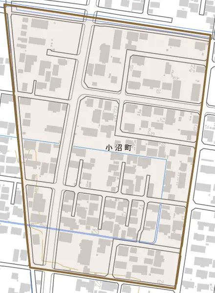 小沼町とその周辺の地図。町の範囲を重ねている