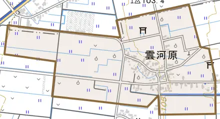 字雲河原とその周辺の地図。町の範囲を重ねている