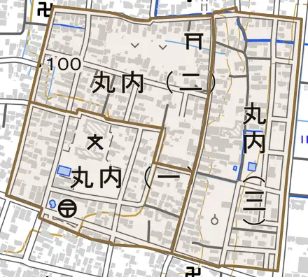 丸内とその周辺の地図。町の範囲を重ねている