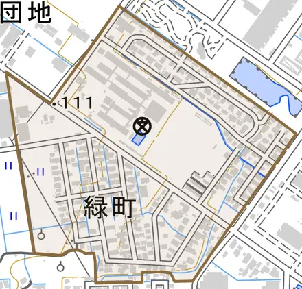 緑町とその周辺の地図。町の範囲を重ねている