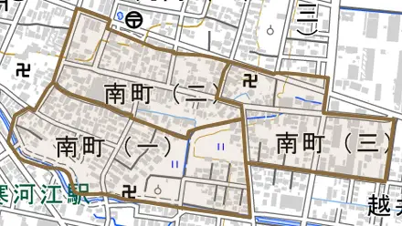 南町とその周辺の地図。町の範囲を重ねている