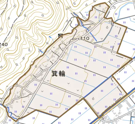 大字箕輪とその周辺の地図。町の範囲を重ねている