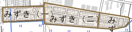 みずきとその周辺の地図。町の範囲を重ねている