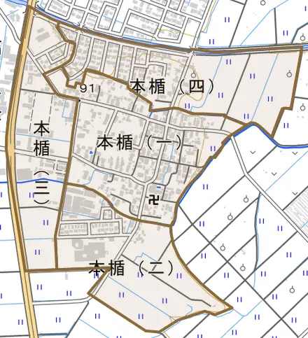 本楯とその周辺の地図。町の範囲を重ねている