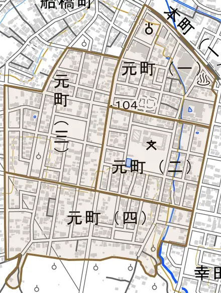 元町とその周辺の地図。町の範囲を重ねている
