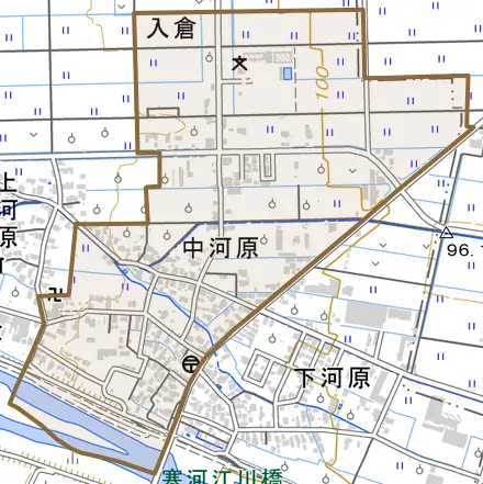 字中河原とその周辺の地図。町の範囲を重ねている