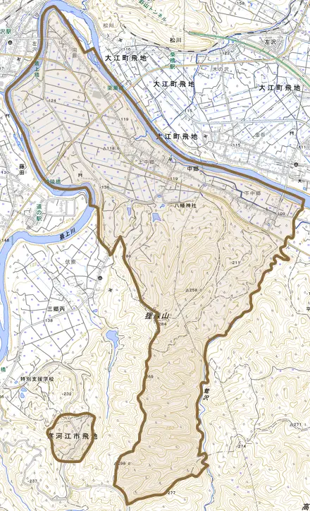 大字中郷とその周辺の地図。町の範囲を重ねている