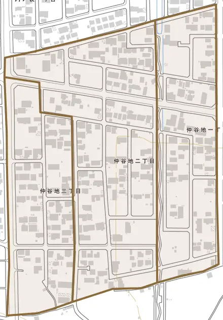 仲谷地とその周辺の地図。町の範囲を重ねている