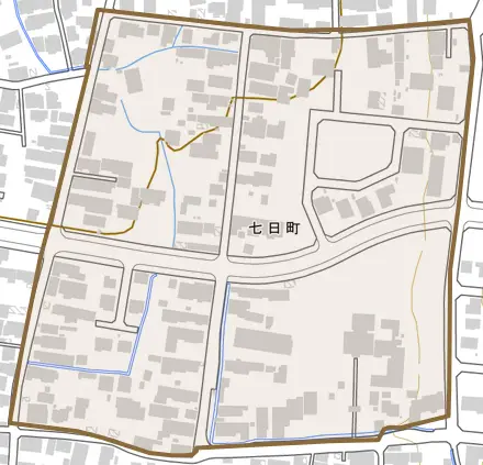 七日町とその周辺の地図。町の範囲を重ねている