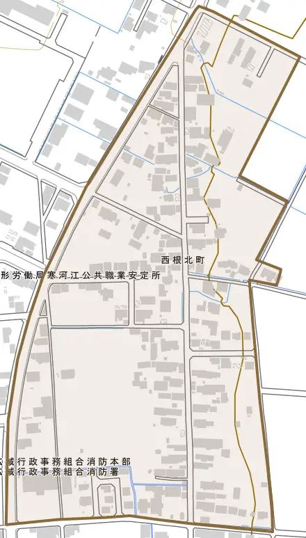 西根北町とその周辺の地図。町の範囲を重ねている