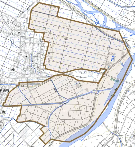 大字日田とその周辺の地図。町の範囲を重ねている
