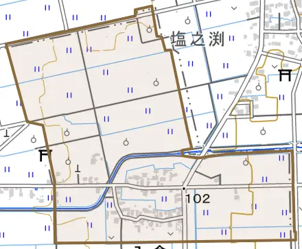 字入倉とその周辺の地図。町の範囲を重ねている