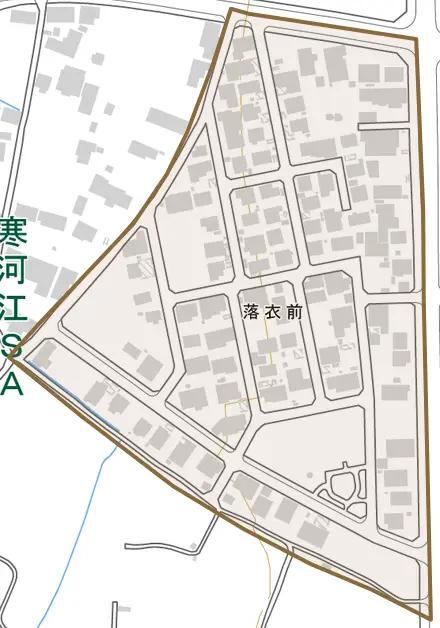 落衣前とその周辺の地図。町の範囲を重ねている