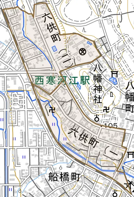 六供町とその周辺の地図。町の範囲を重ねている