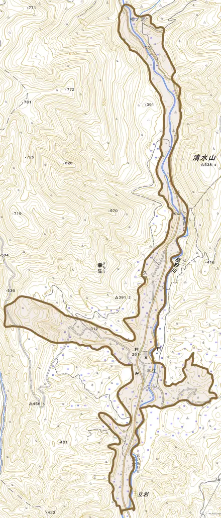 大字幸生とその周辺の地図。町の範囲を重ねている