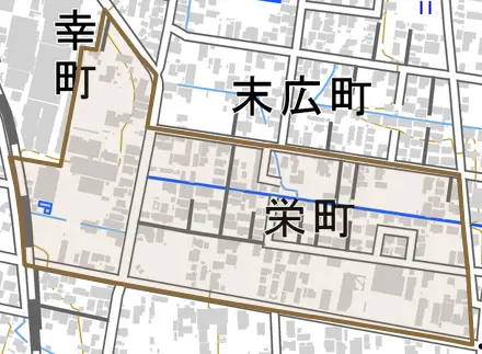 栄町とその周辺の地図。町の範囲を重ねている