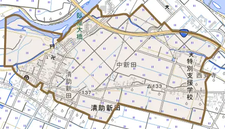 大字清助新田とその周辺の地図。町の範囲を重ねている