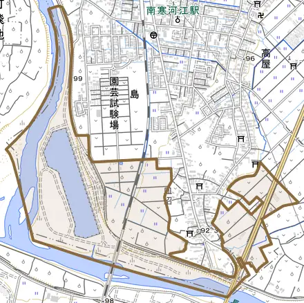大字島とその周辺の地図。町の範囲を重ねている