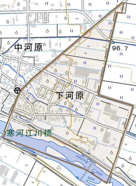 字下河原とその周辺の地図。町の範囲を重ねている