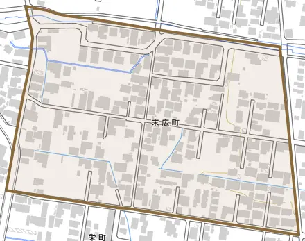 末広町とその周辺の地図。町の範囲を重ねている
