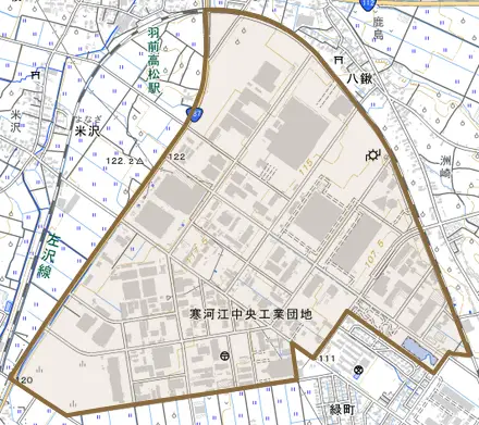 中央工業団地とその周辺の地図。町の範囲を重ねている