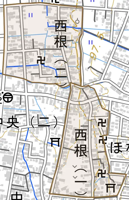 西根とその周辺の地図。町の範囲を重ねている
