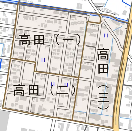 高田とその周辺の地図。町の範囲を重ねている