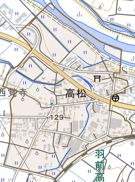 大字高松とその周辺の地図。町の範囲を重ねている