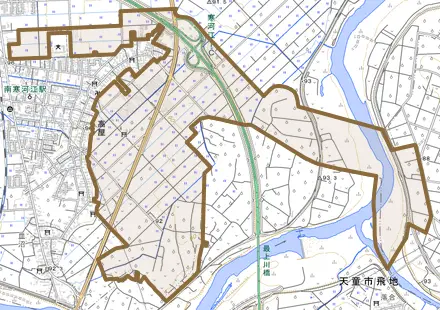 大字高屋とその周辺の地図。町の範囲を重ねている