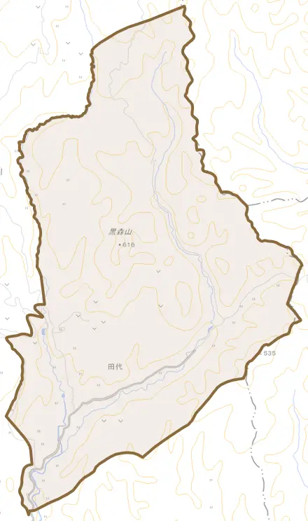 大字田代とその周辺の地図。町の範囲を重ねている