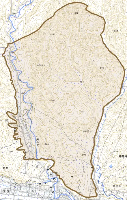 大字留場とその周辺の地図。町の範囲を重ねている
