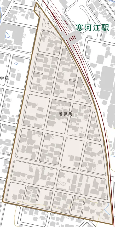 若葉町とその周辺の地図。町の範囲を重ねている