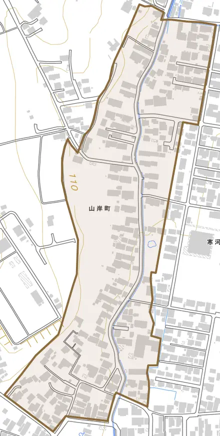 山岸町とその周辺の地図。町の範囲を重ねている
