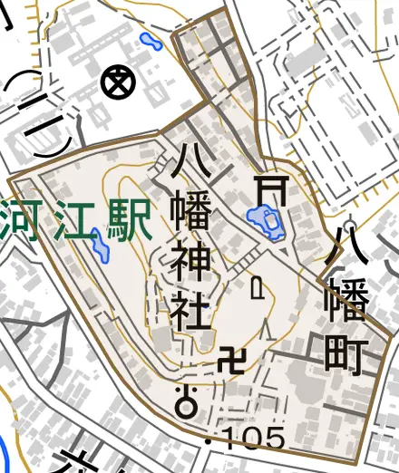 八幡町とその周辺の地図。町の範囲を重ねている