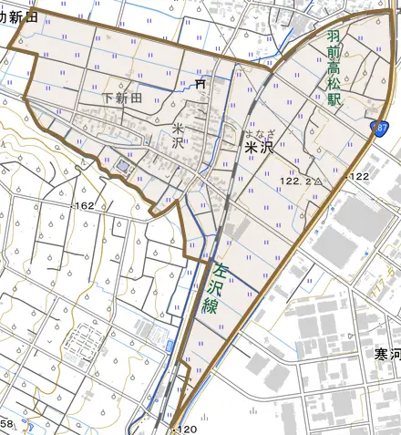 大字米沢とその周辺の地図。町の範囲を重ねている