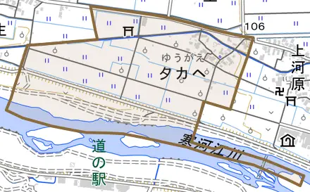 字夕カヘとその周辺の地図。町の範囲を重ねている
