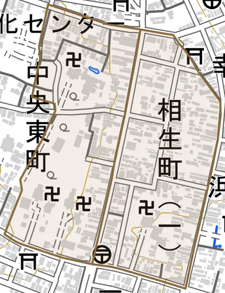 相生町とその周辺の地図。町の範囲を重ねている