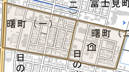 曙町とその周辺の地図。町の範囲を重ねている