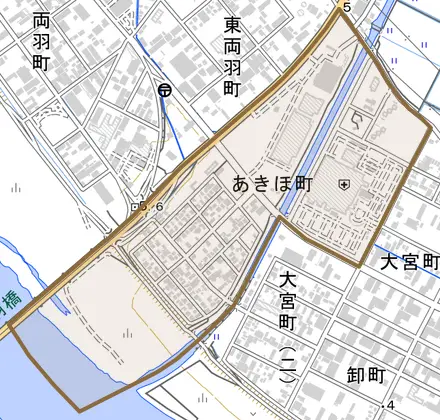 あきほ町とその周辺の地図。町の範囲を重ねている