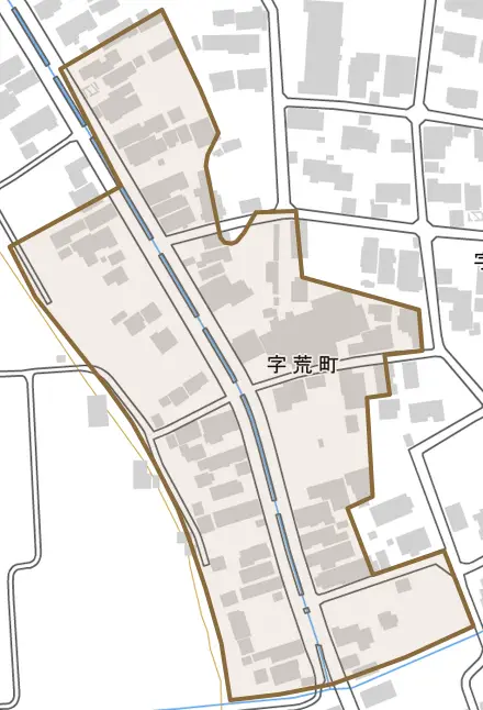 字荒町とその周辺の地図。町の範囲を重ねている