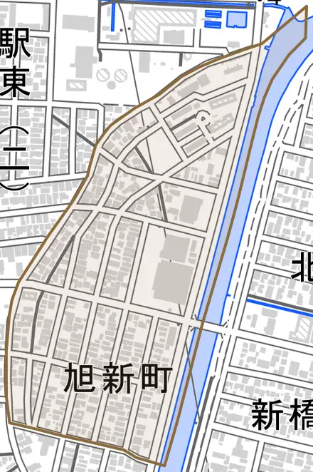 旭新町とその周辺の地図。町の範囲を重ねている