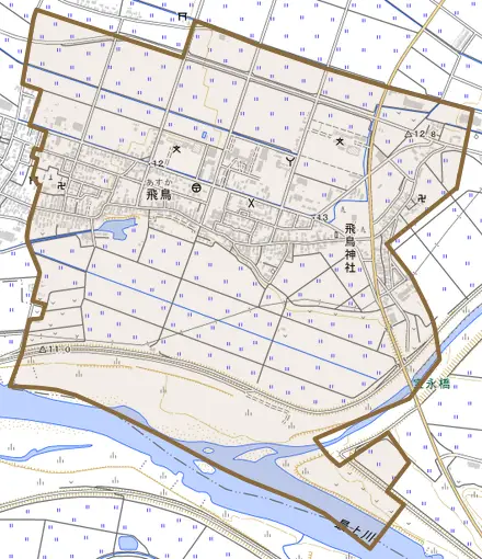 飛鳥とその周辺の地図。町の範囲を重ねている